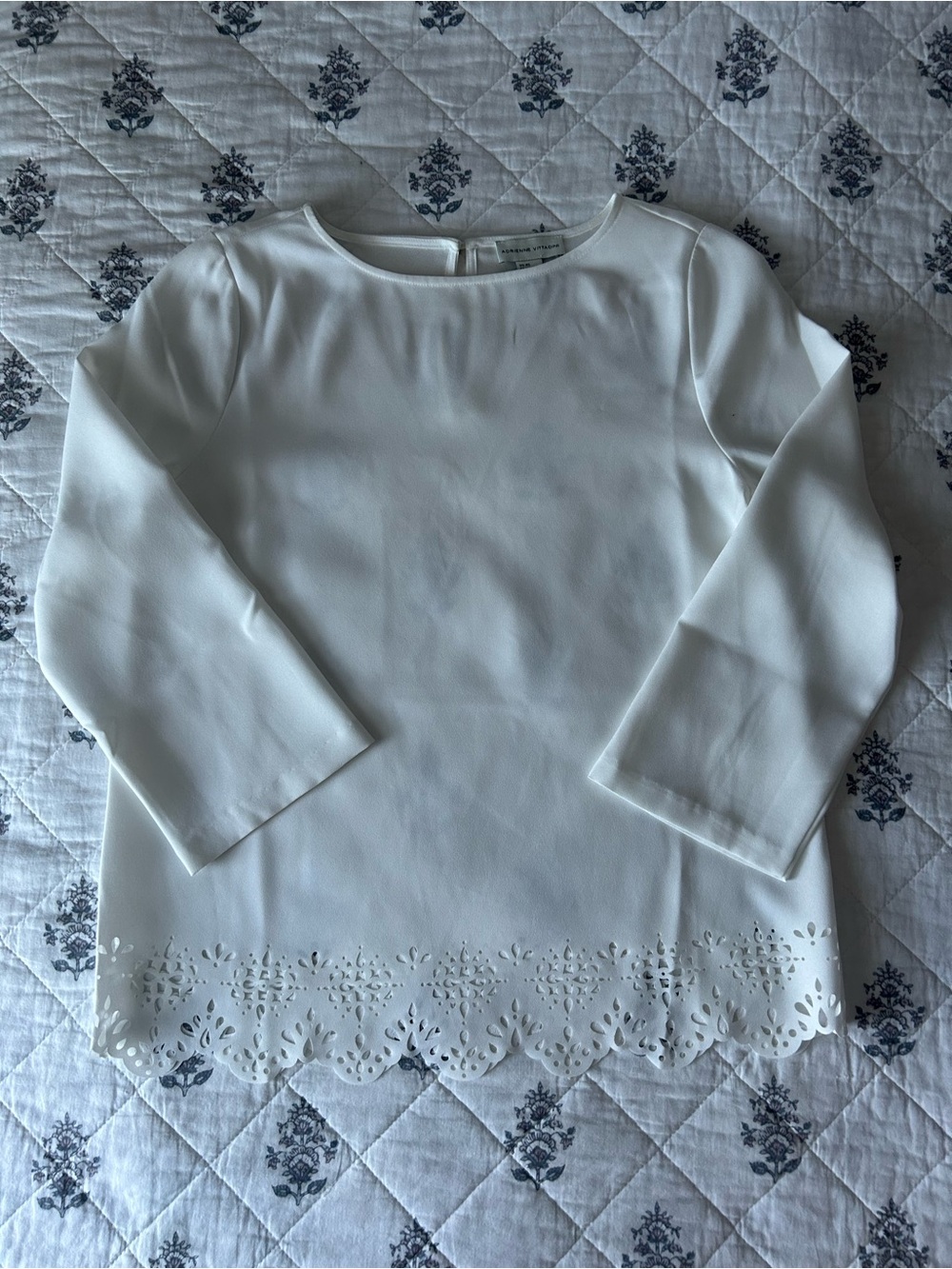 Adrienne Vittadini White Eyelet Hem 3/4-Sleeve Top